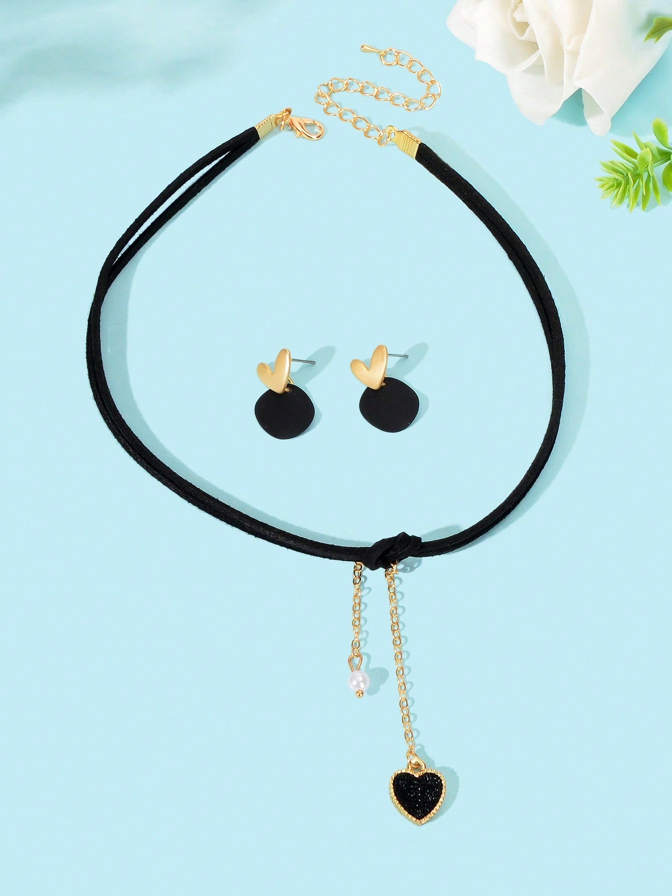Black Heart Pendant Layered Necklace with Earrings - Set
