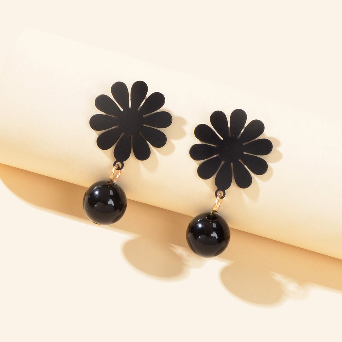Black Beaded Flower Dangle Earrings - Unique Statement Jewelry-0