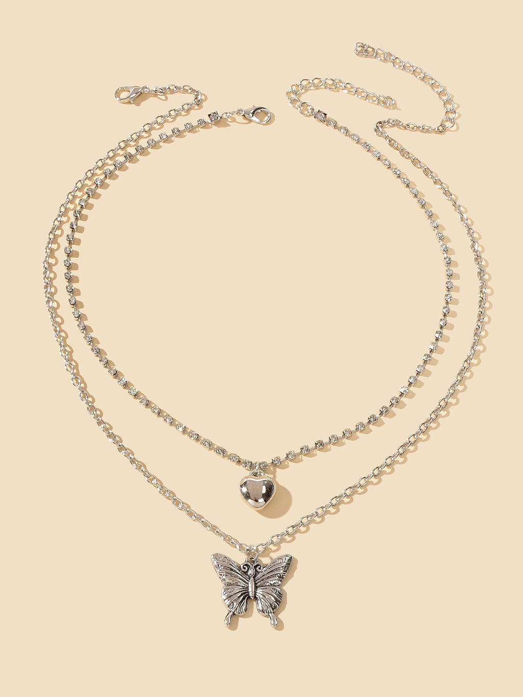 2 pcs Multiple Layered Rhinestone Chain Silver Heart Carved Butterfly Necklace