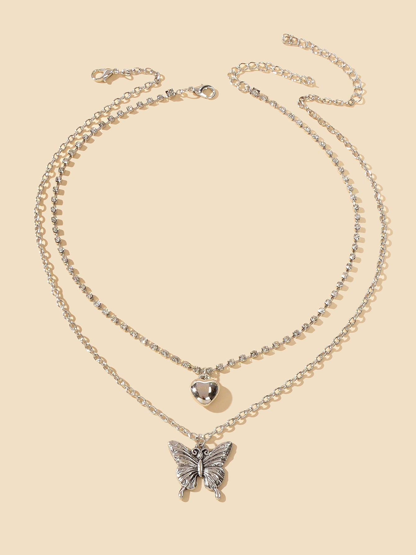 2 pcs Multiple Layered Rhinestone Chain Silver Heart Carved Butterfly Necklace