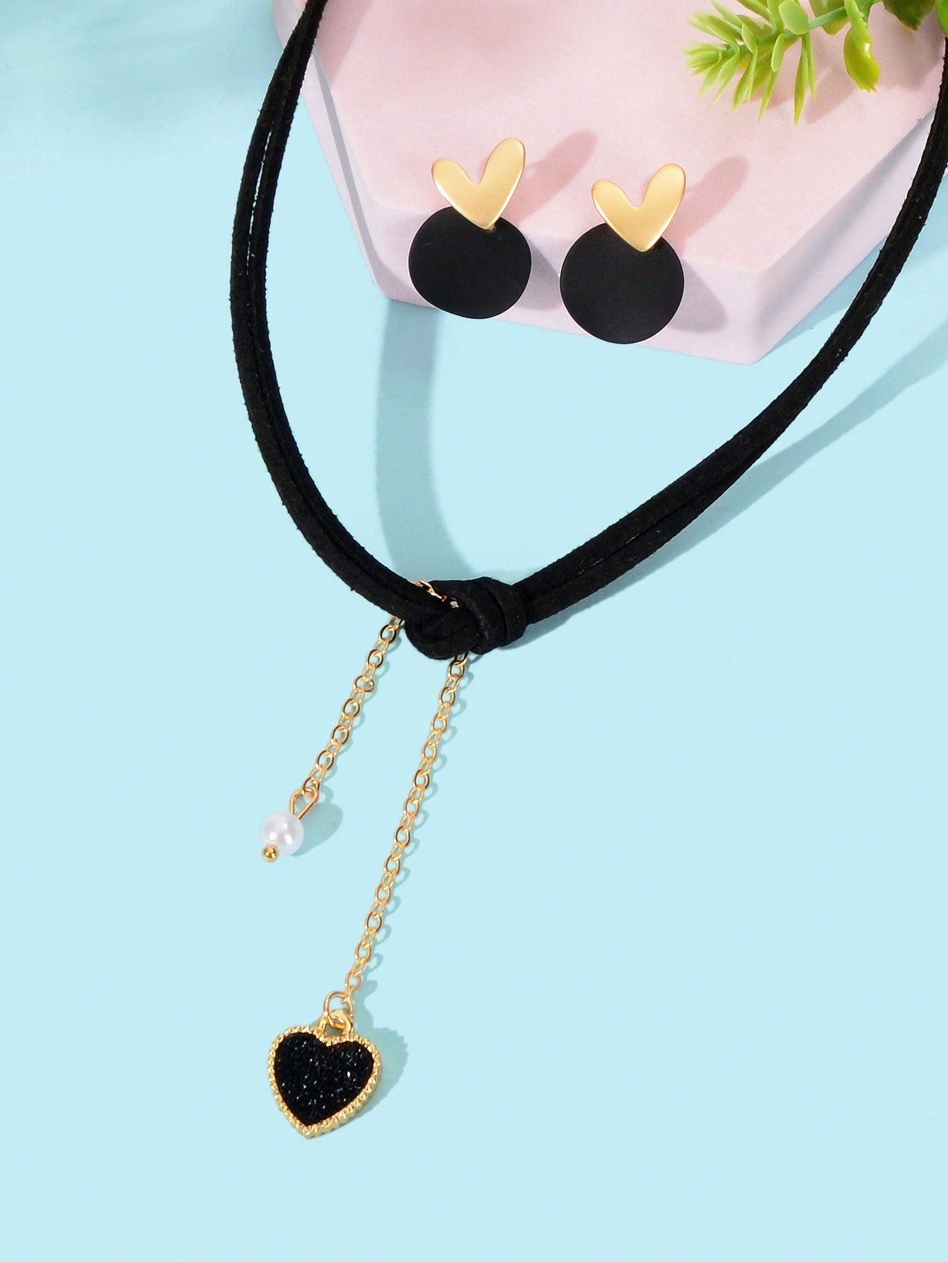 Black Heart Pendant Layered Necklace with Earrings - Set