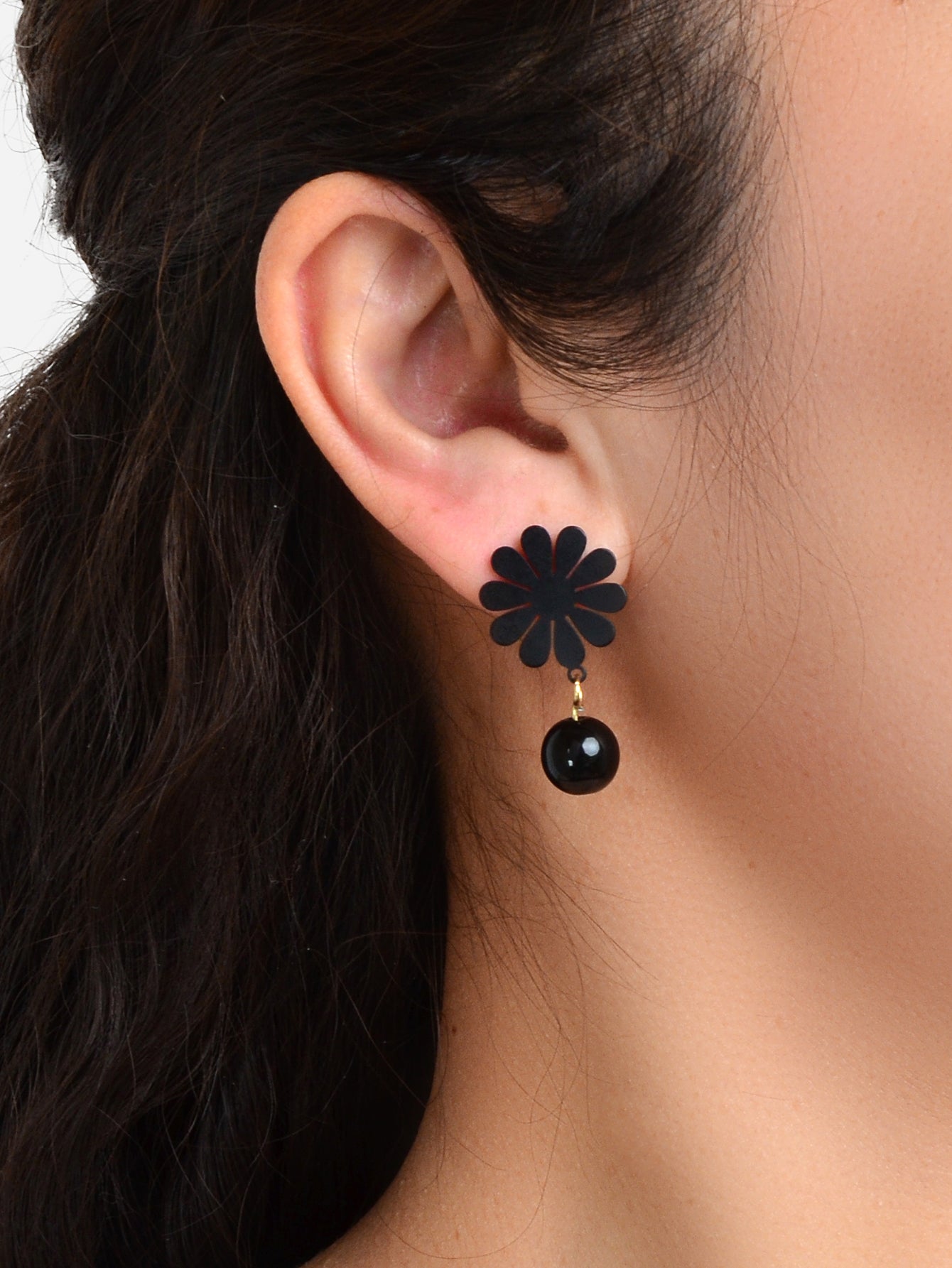 Black Beaded Flower Dangle Earrings - Unique Statement Jewelry-1