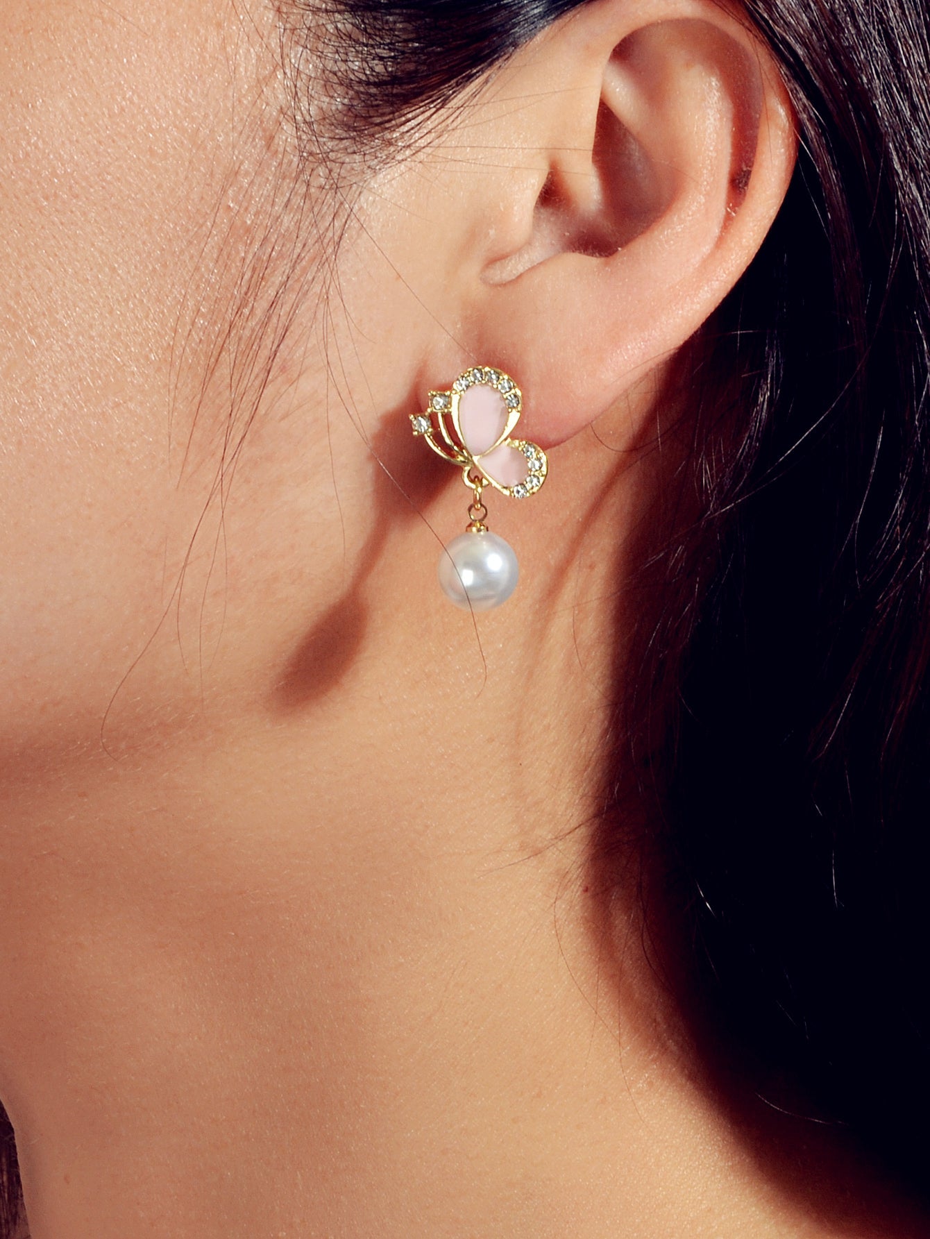 Enamel Butterfly Earrings - Rhinestone Pearl Drop Earrings in Pink Blue Green-1