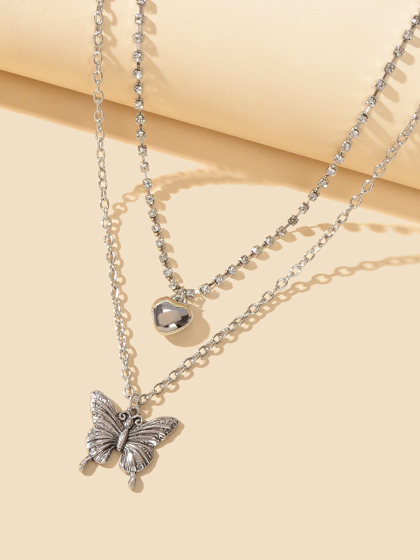 2 pcs Multiple Layered Rhinestone Chain Silver Heart Carved Butterfly Necklace