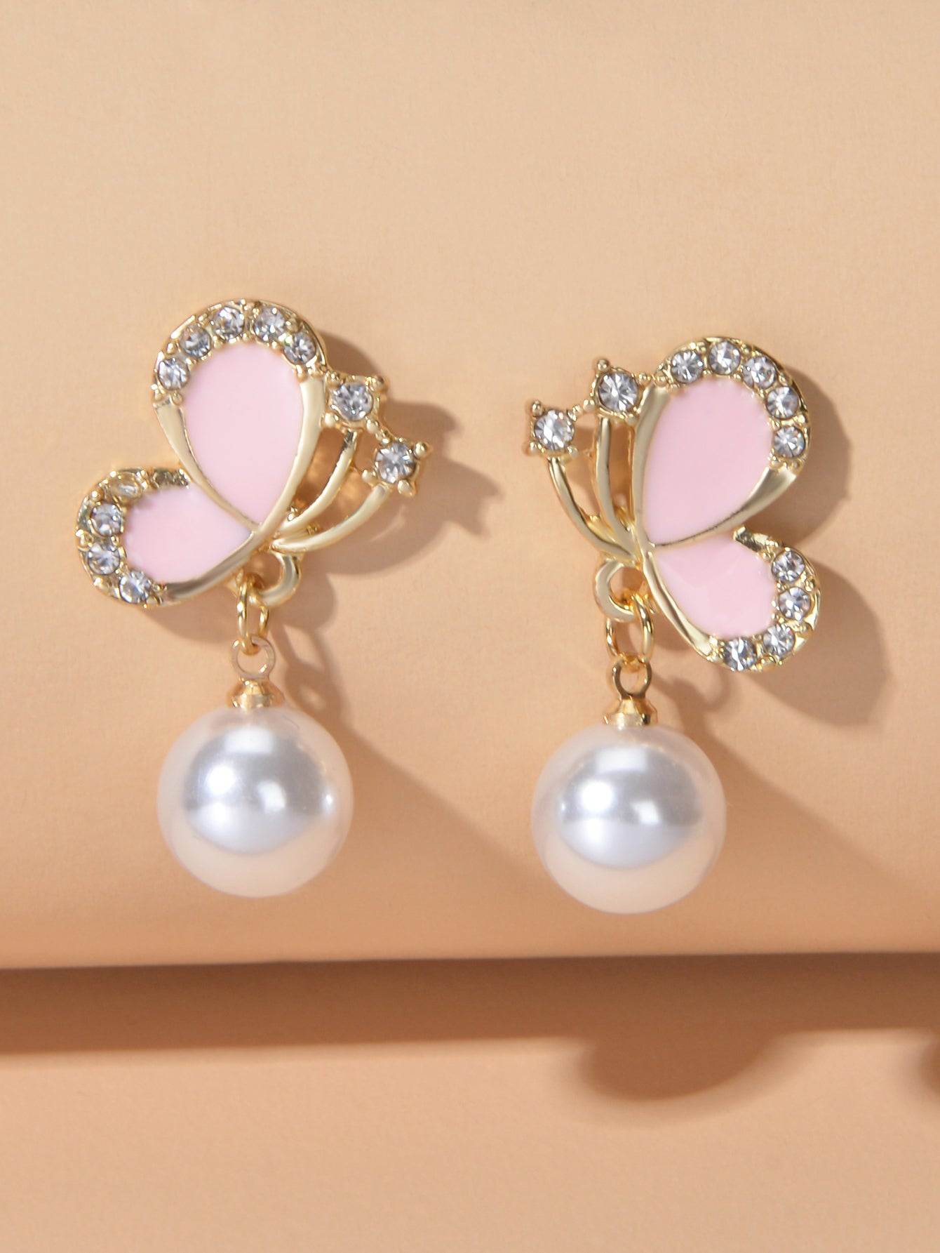 Enamel Butterfly Earrings - Rhinestone Pearl Drop Earrings in Pink Blue Green-2