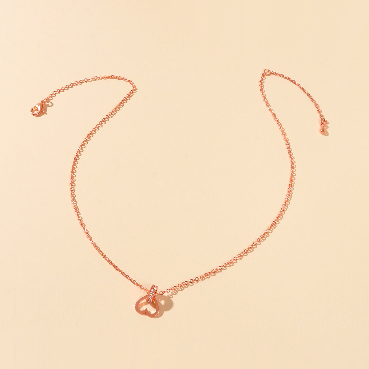 Sweet Rose Gold Chain Rhinestone Circle Heart Charm Necklace