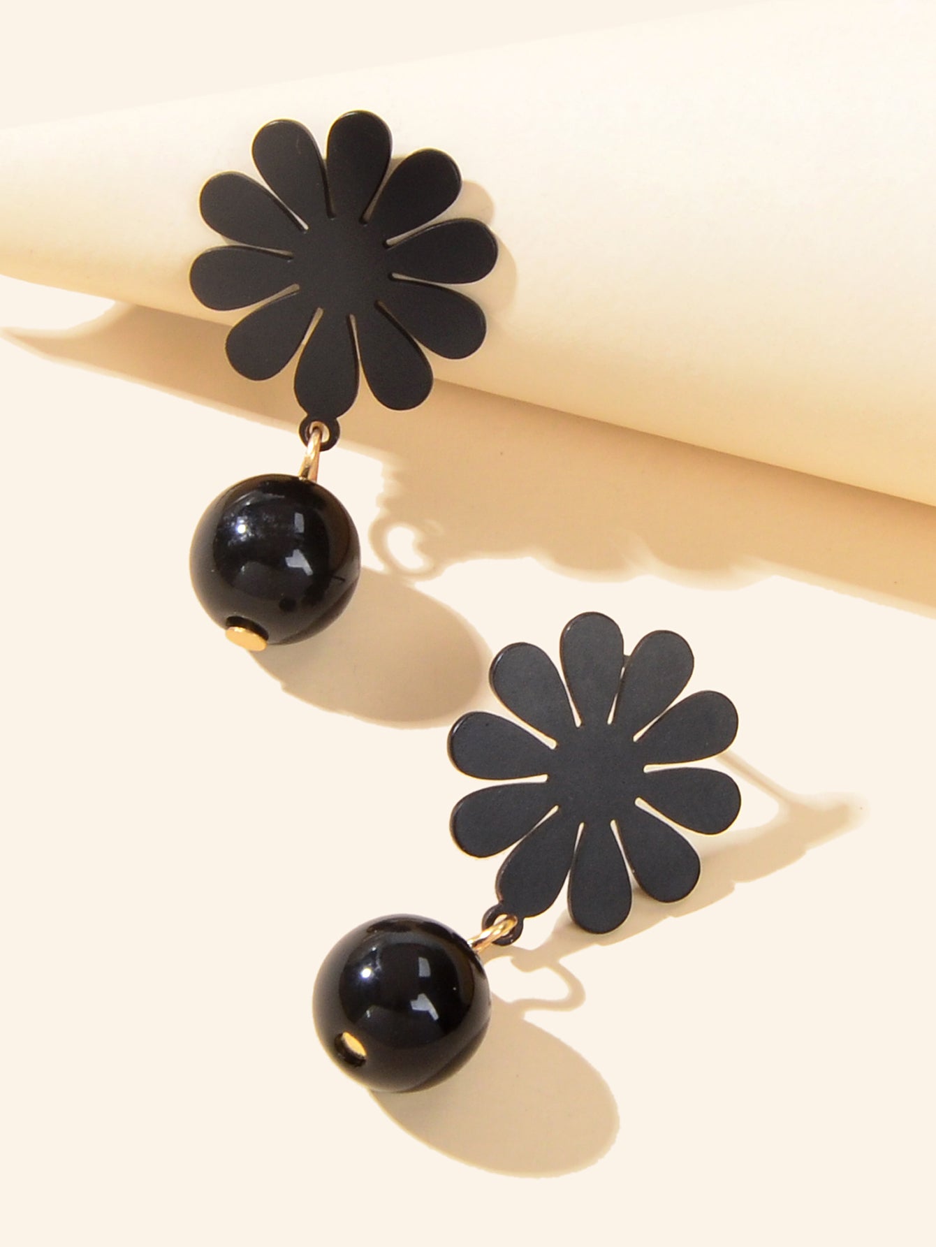 Black Beaded Flower Dangle Earrings - Unique Statement Jewelry-2
